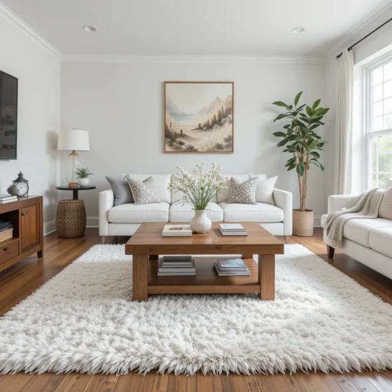 Wooden Coffee Table on a White Rug