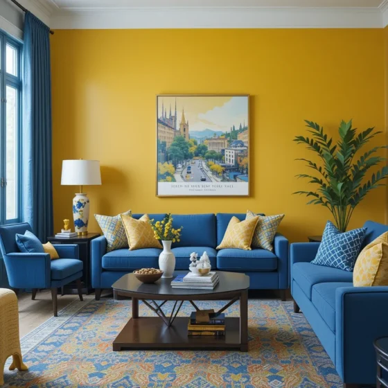 Yellow Accent Wall with Blue Furniture