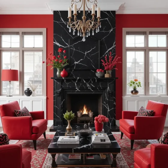 Black Marble Fireplace with Red Surrounding Decor