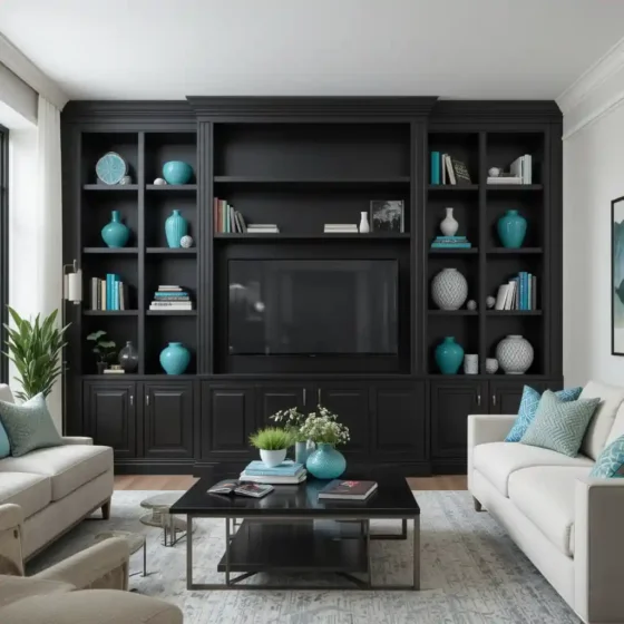 Black Built-in Bookshelves with Teal Decor Accents