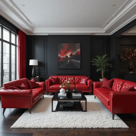 Black Walls with Red and White Leather Furniture