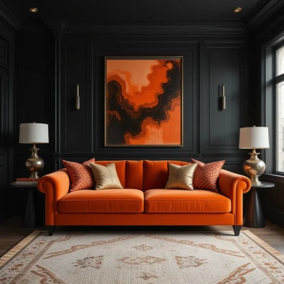 Black Walls with an Orange Velvet Sofa
