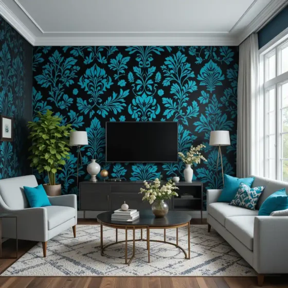 Black and Teal Patterned Wallpaper for a Bold Accent Wall