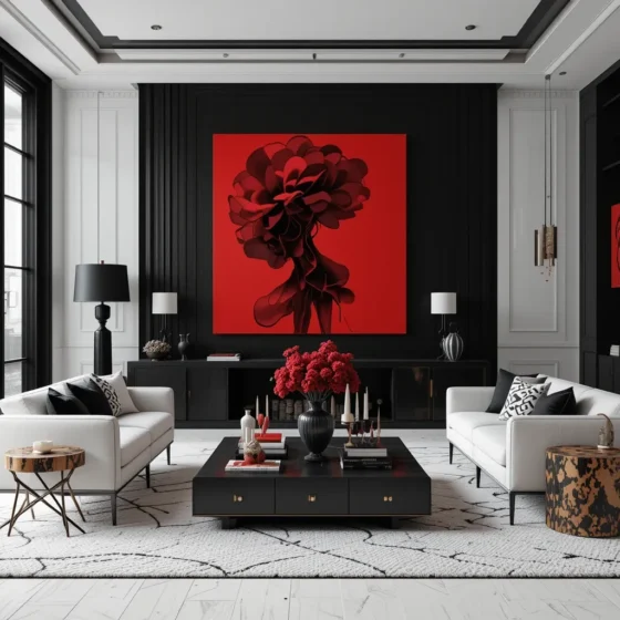 Chic Monochrome with Red Art Pieces