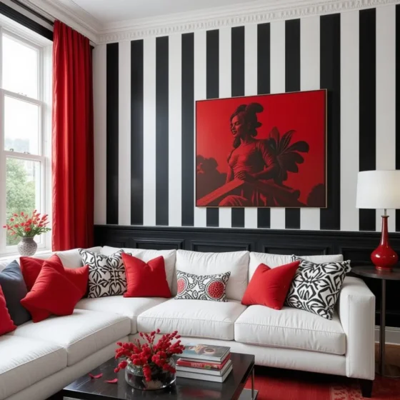 Classic Black and White Stripes with Red Decor