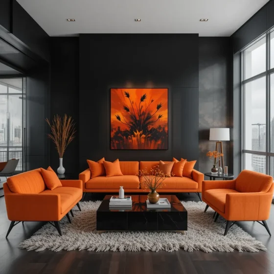 Contemporary Chic with Black Frames and Orange Art
