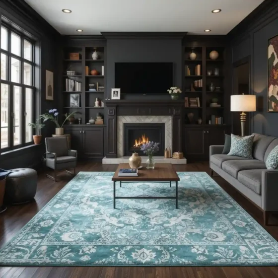 Dark Wood Flooring with Teal Rugs for Warmth