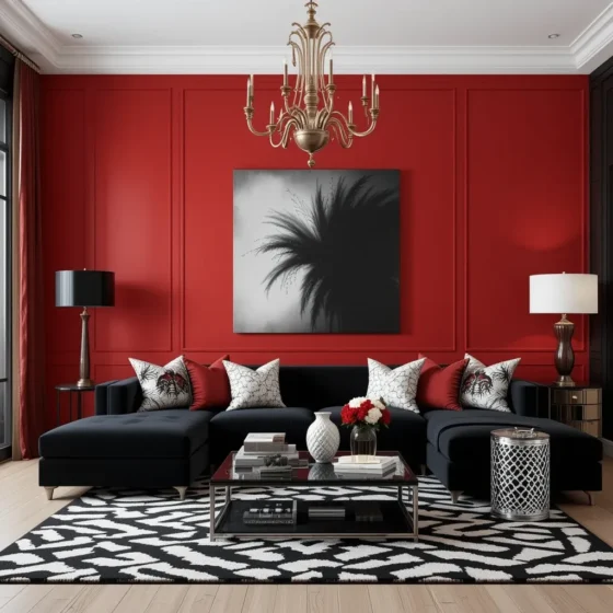 Elegant Red Accent Wall with Black and White Furniture