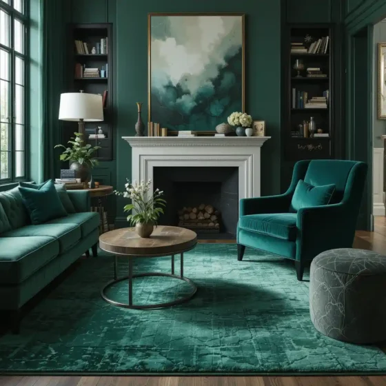 Emerald Green Rug with Velvet Accents