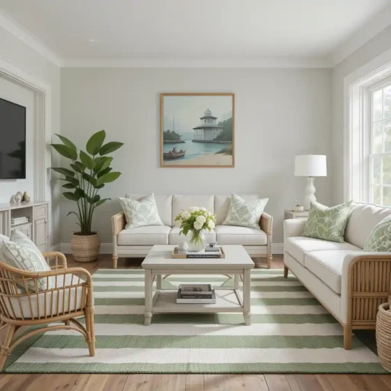 Green and White Striped Rug for Coastal Vibes