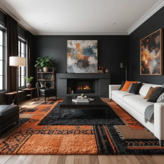 Layered Rugs with Black and Orange Textures