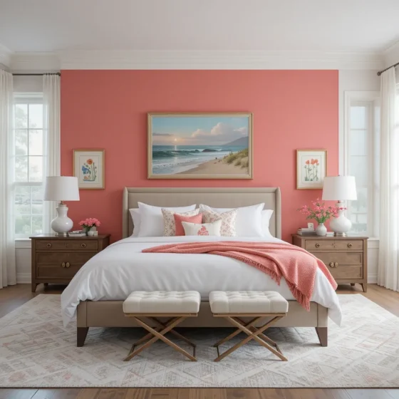 Painted Coral Accent Wall Behind the Bed