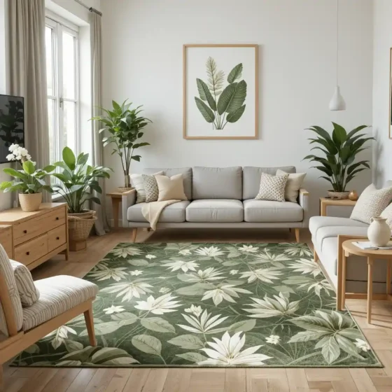 Patterned Green Rug with Botanical Prints