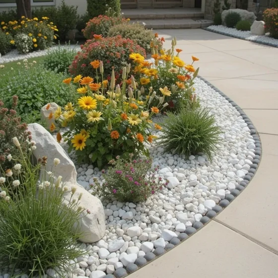 Pebble-Filled Flower Bed Edging