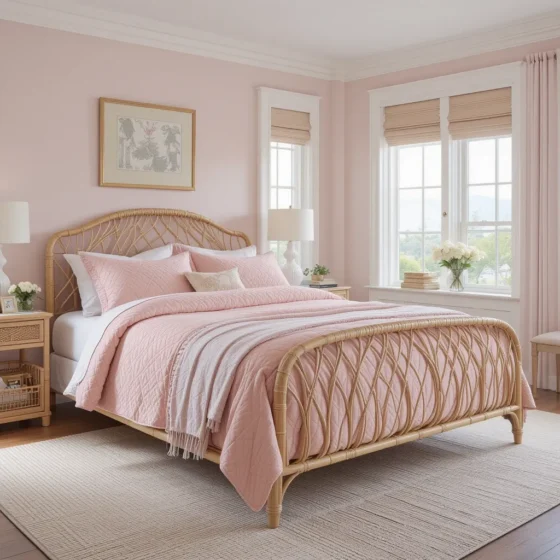 Rattan Bed Frame with Pink Quilted Coverlet