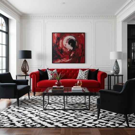 Red Velvet Sofa with Black and White Accents