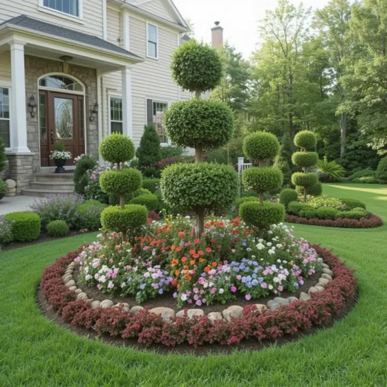 Sculptural Flower Bed With Topiary
