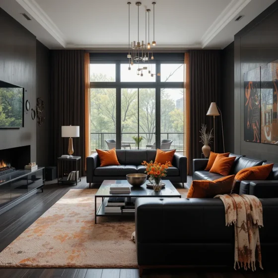 Sleek Black Furniture with Burnt Orange Upholstery