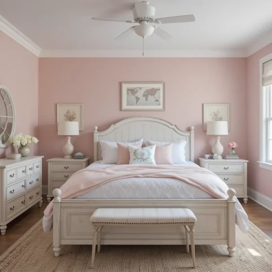 Soft Blush Walls with Whitewashed Wood Furniture
