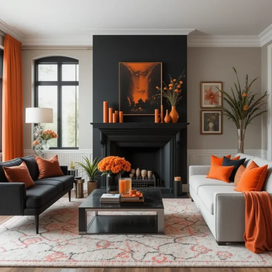 Statement Black Fireplace with Orange Decor