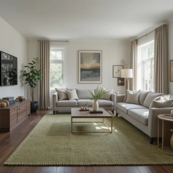 Textured Green Rug with Layered Neutrals