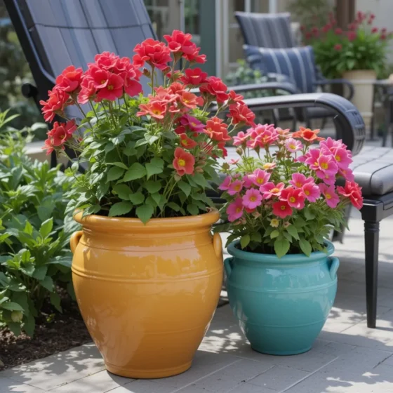 Colorful Ceramic Planters with Geraniums