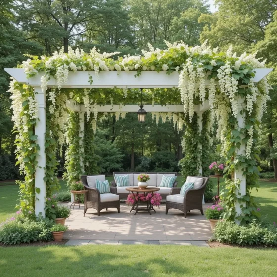 Elegant White Pergola Draped with Vines