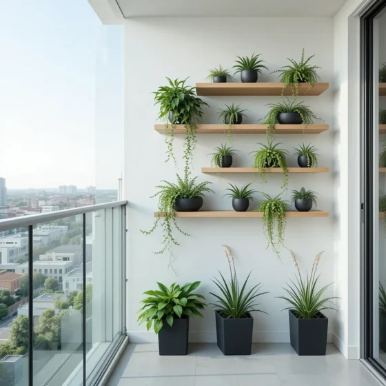 Floating Plant Shelves Against a Glass Wall