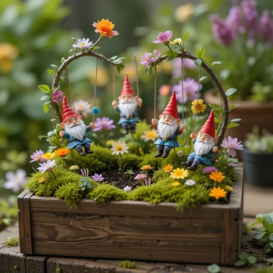 Gnome Swinging from Flower Stems