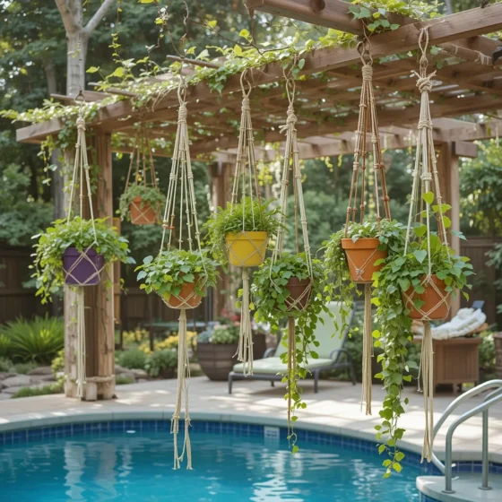 Hanging Macrame Planters on a Pergola