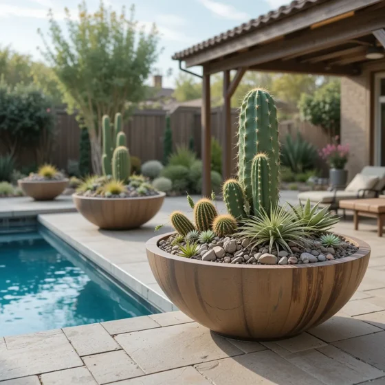 Low Bowl Planters with Cacti and Succulents