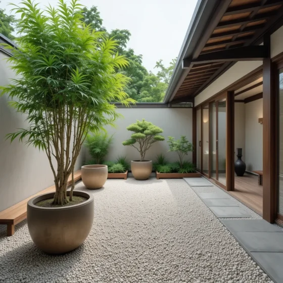 Minimalist Gravel Courtyard with Planters