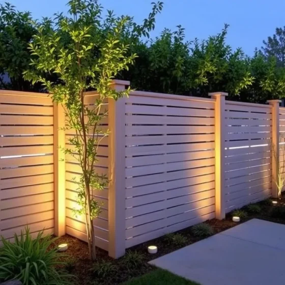Privacy Fence with Slatted Panels and Lighting