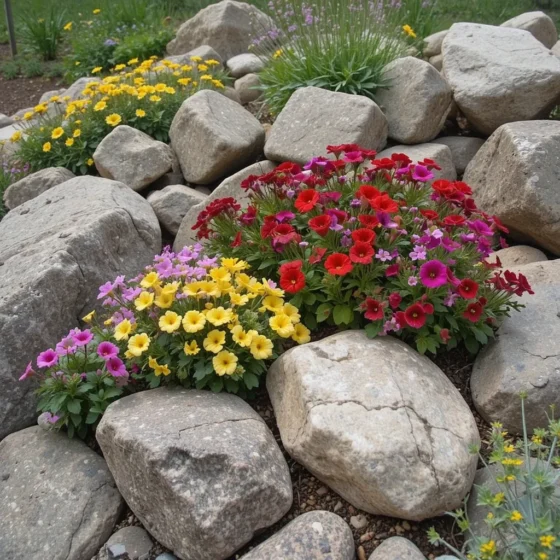 Rock Garden with Colorful Flowers