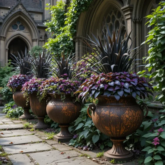 Rusted Metal Planters with Dark Foliage