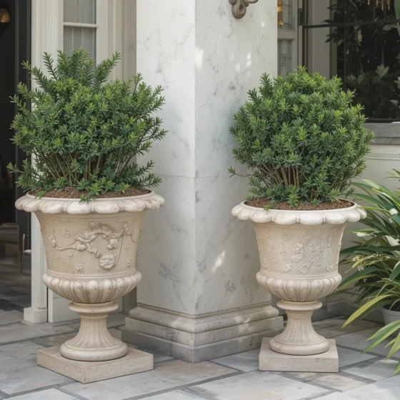 Tall Urn Planters with Boxwood or Topiary