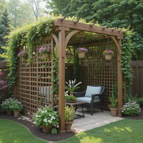 Trellised Pergola with Hanging Baskets