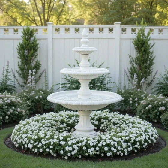 White Fountain Surrounded by Flowers