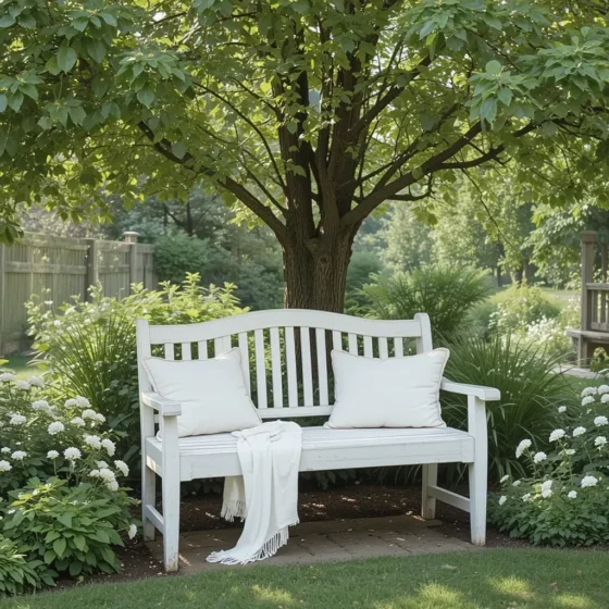 White Garden Bench for a Peaceful Rest Spot