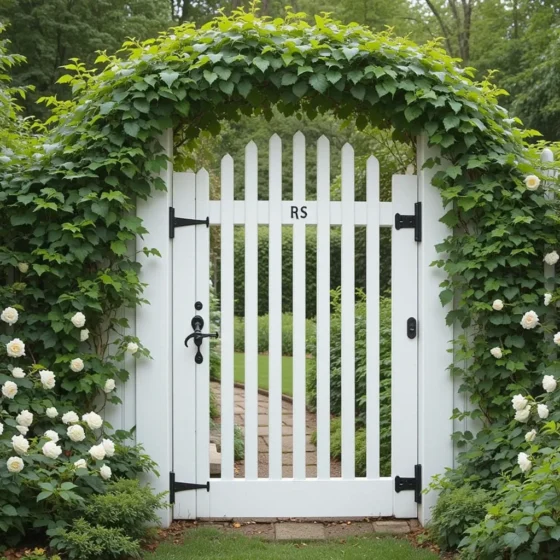 White Garden Gate with Green Ivy Accent