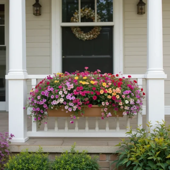 Window Box Flower Pots Below Porch Railings