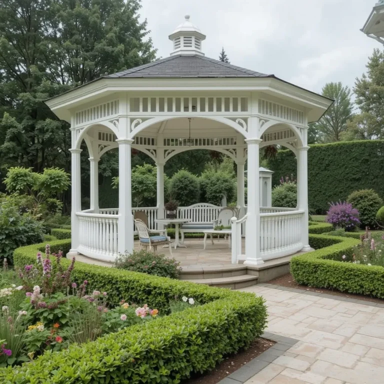 Classic White Gazebo with Symmetrical Landscaping