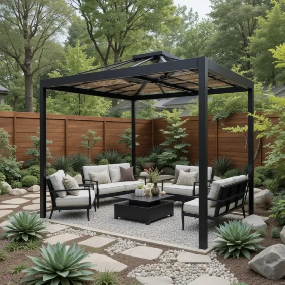 Minimalist Metal Gazebo in a Rock Garden