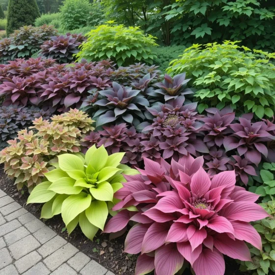 Mixed Texture Bed with Hostas and Heuchera