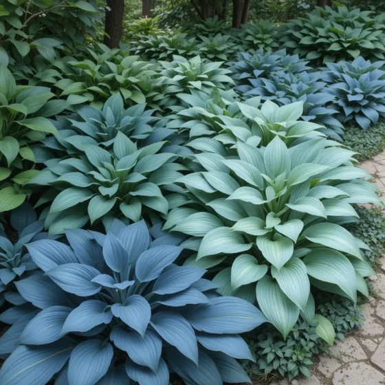 Monochromatic Hosta Bed in Blues and Greens