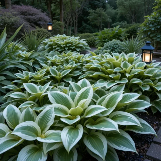 Moonlight Garden with White-Margined Hostas