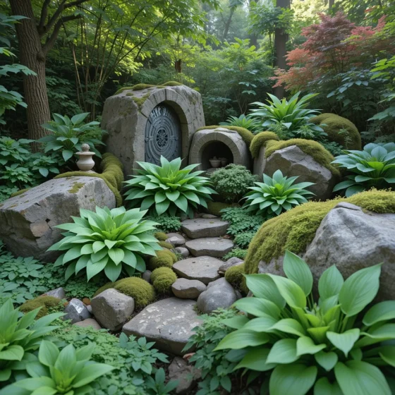 Rock Garden with Hostas and Moss