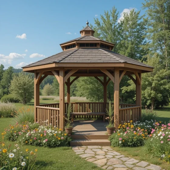 Rustic Wooden Gazebo with Wildflowers