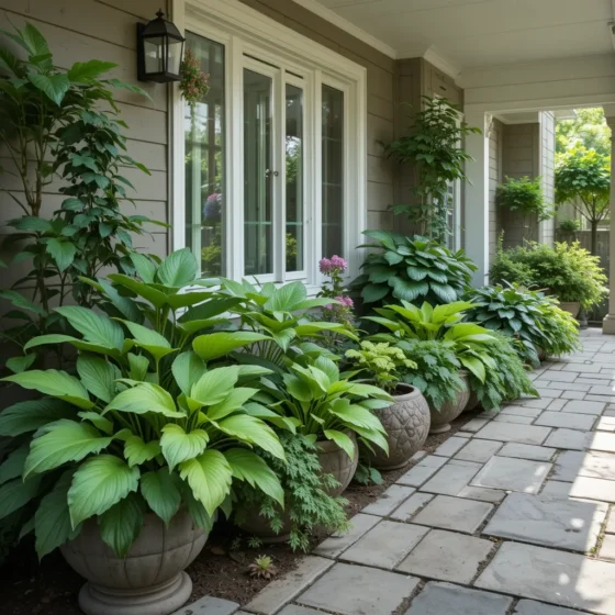Shady Patio Garden with Potted Hostas