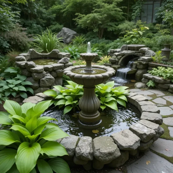 Water Feature Garden with Hostas